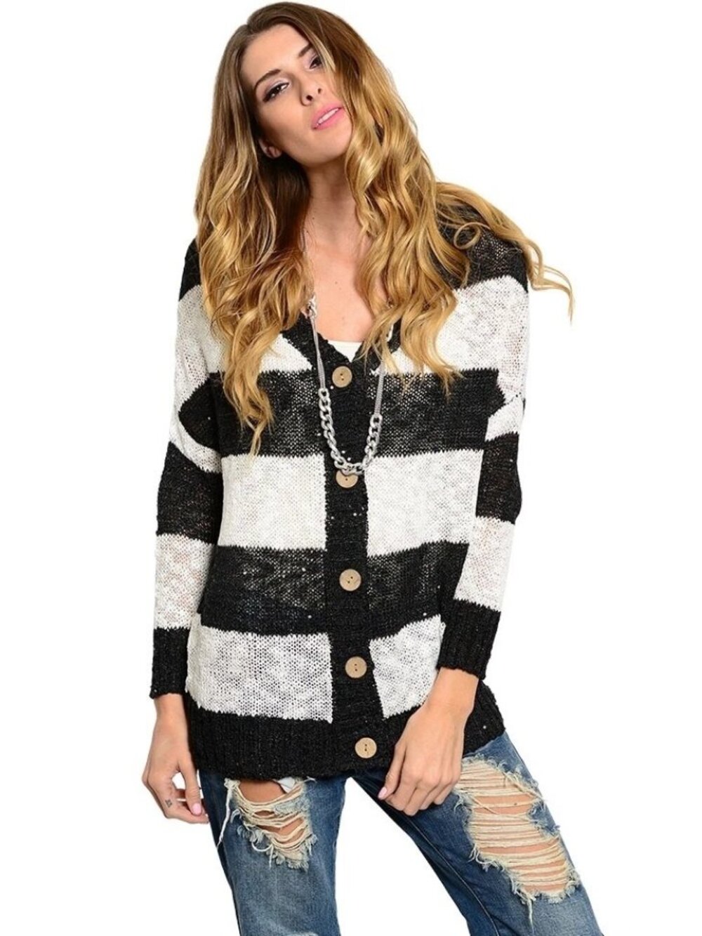 Casting Womens Black White Striped Knit Cardigan Sweater, size M